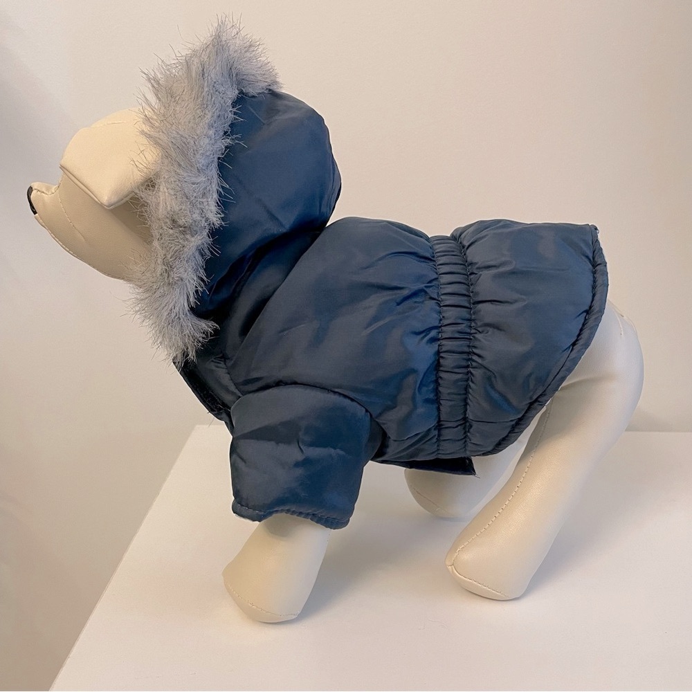 Pet Winter Puffer Dog Coat with Faux Fur Hood - Navy